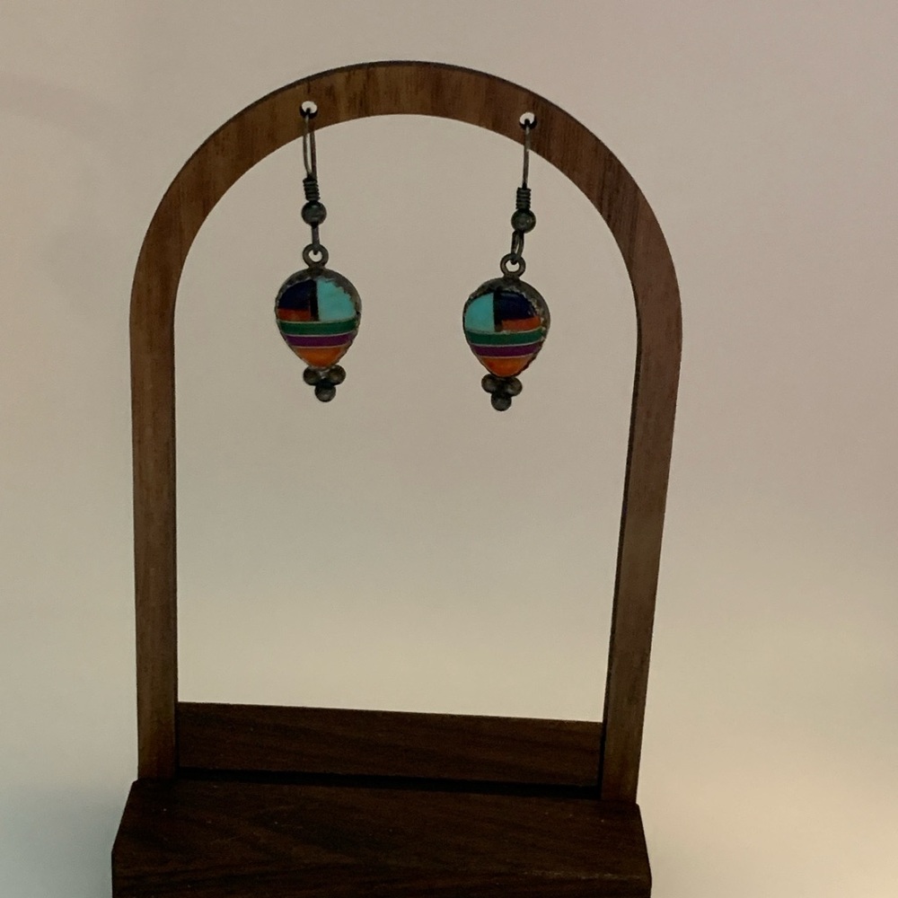 Vintage Signed Sterling Southwestern Inlay Earrings with Turquoise, Lapis - Picture 6 of 7